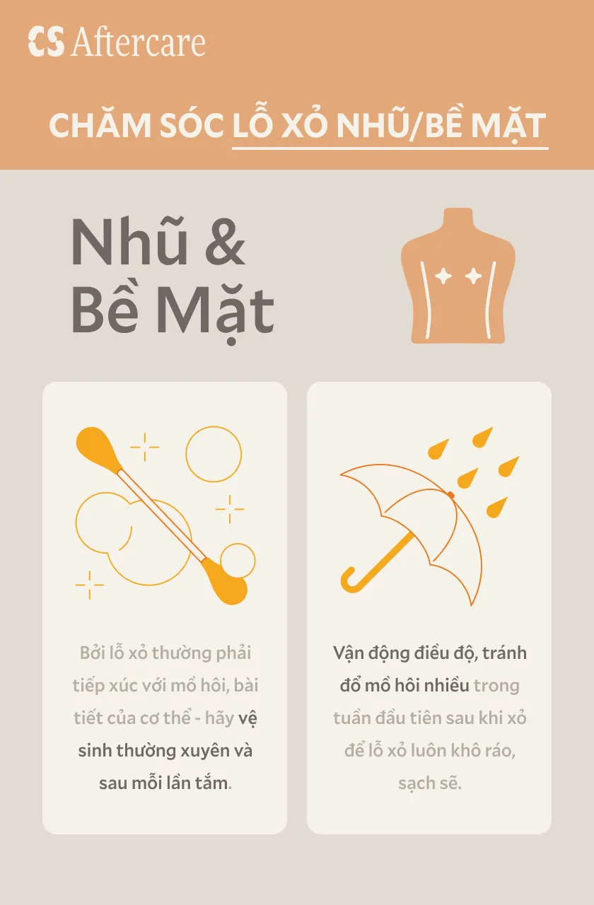 Chăm sóc lỗ xỏ nhũ và bề mặt