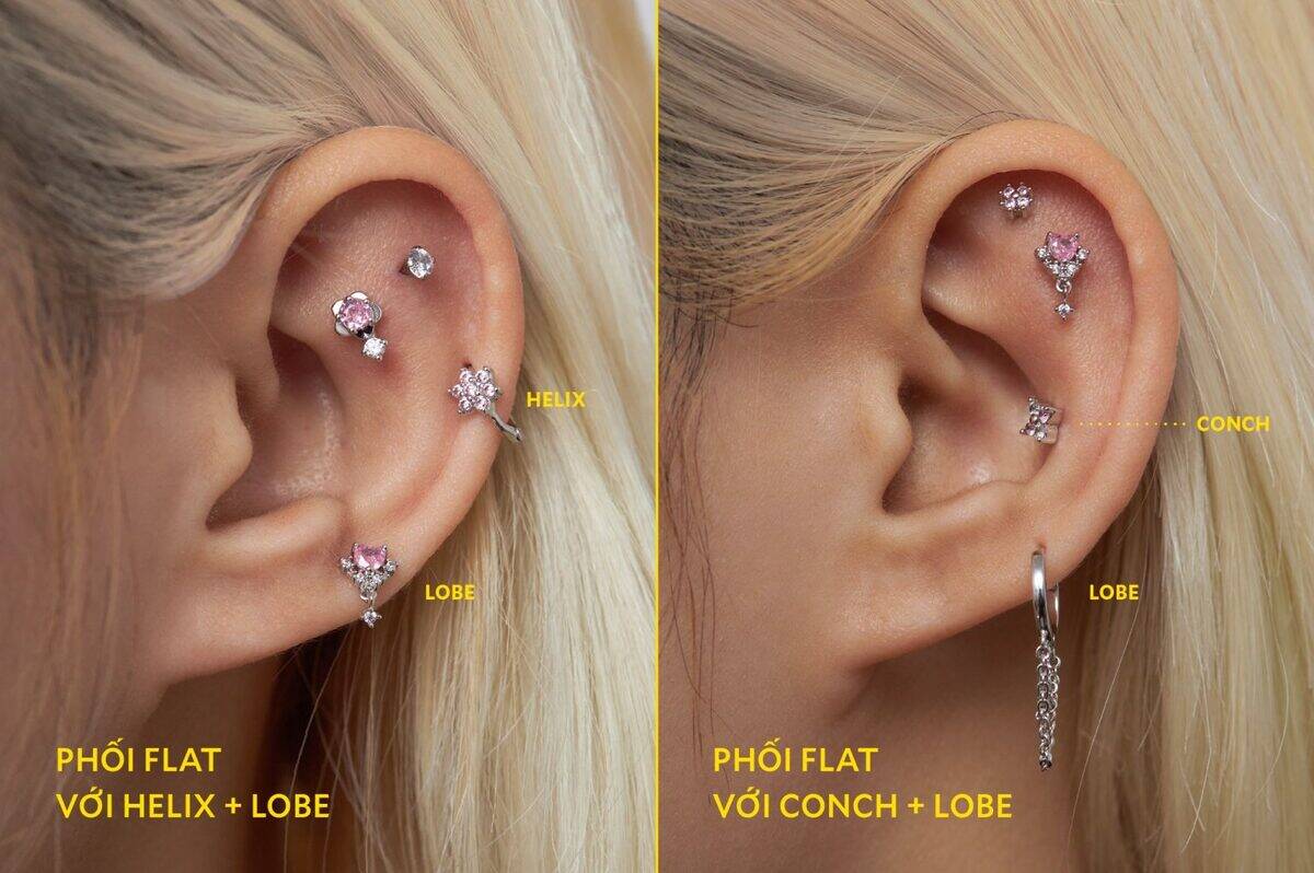 Phối Flat với Helix+Lobe and Conch+Lobe — pink CZ themed