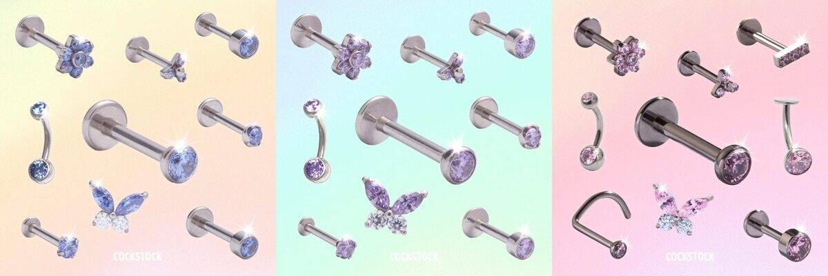 Colored CZ labret triptych — blue, lavender, pink gradient