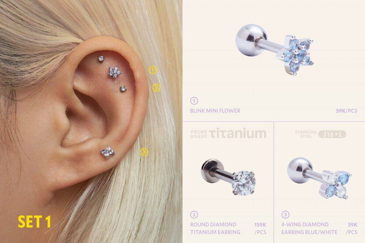 SET 1 — numbered on-ear + product callouts with pricing